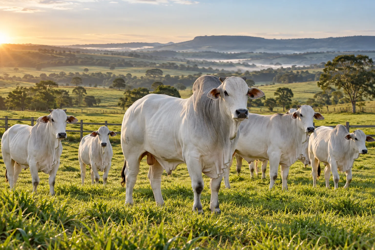 Rebanho Nelore no pasto, com paisagem rural ao amanhecer